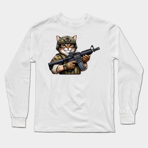 Tactical Cat Long Sleeve T-Shirt by Rawlifegraphic